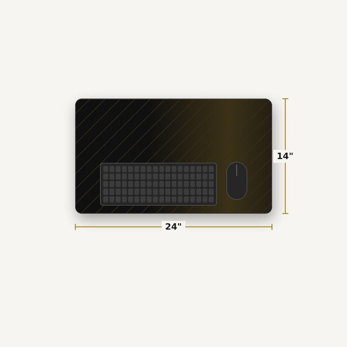 Custom 14x24 desk mat shown to scale with a keyboard and mouse
