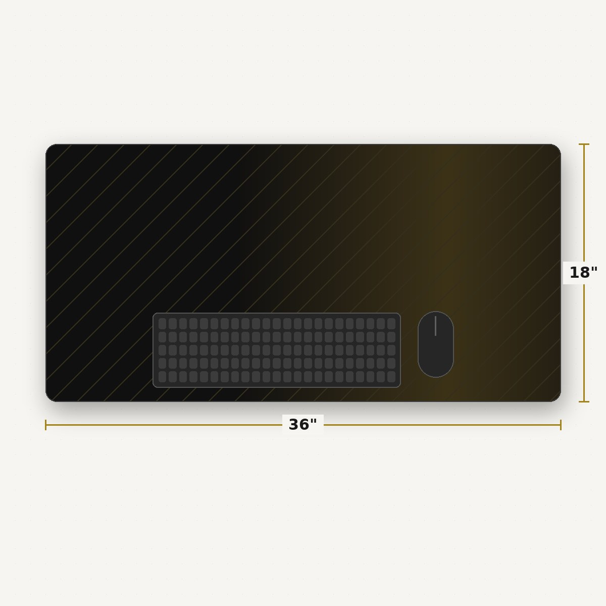 Custom 18x36 desk mat shown to scale with a keyboard and mouse, seamless edge