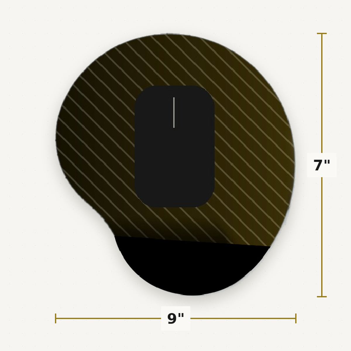 Custom 9x7 inch mouse pad with gel wrist rest shown to scale with a mouse
