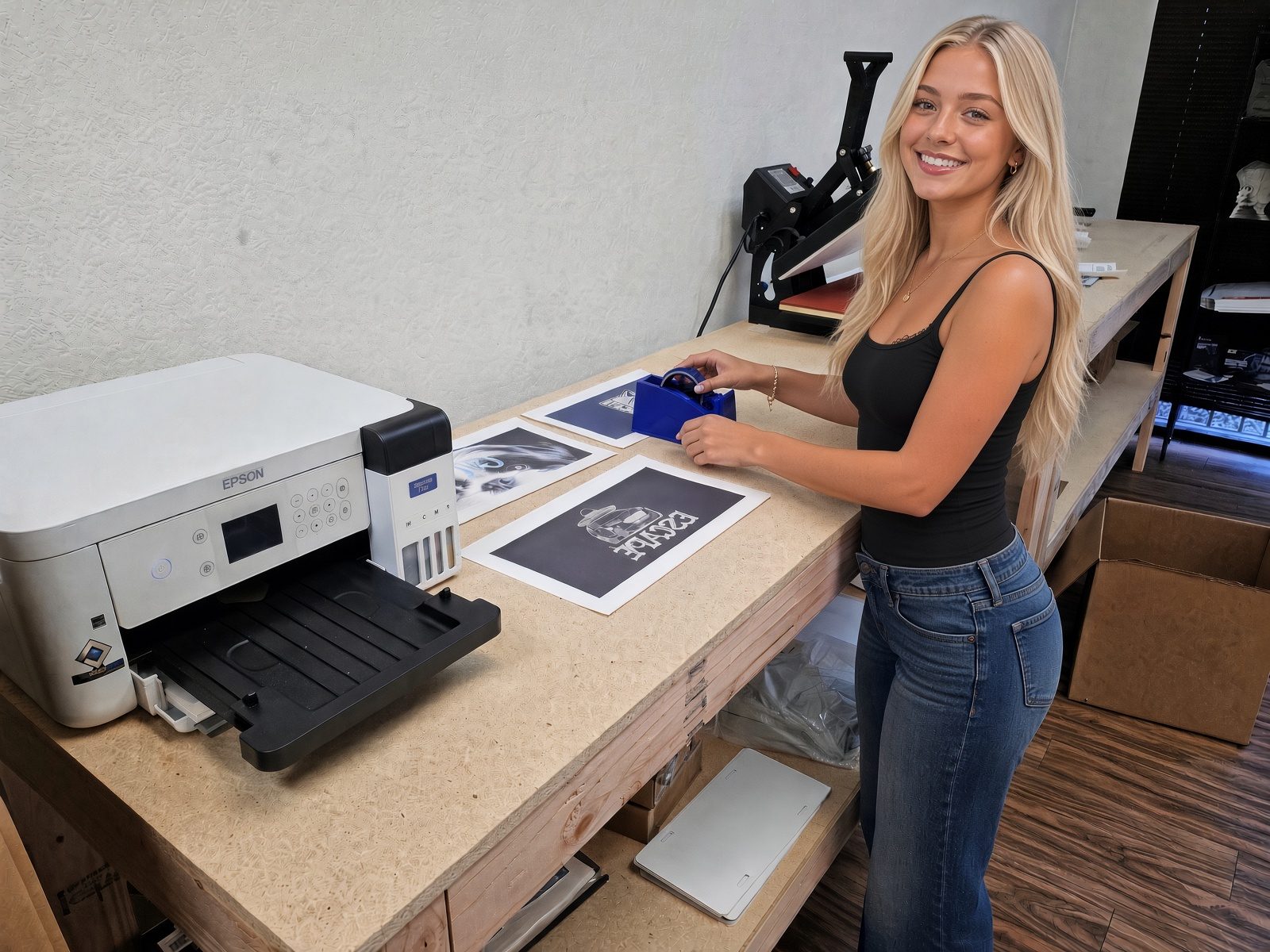 A W&H team member taping a sublimation print before pressing, next to an Epson printer