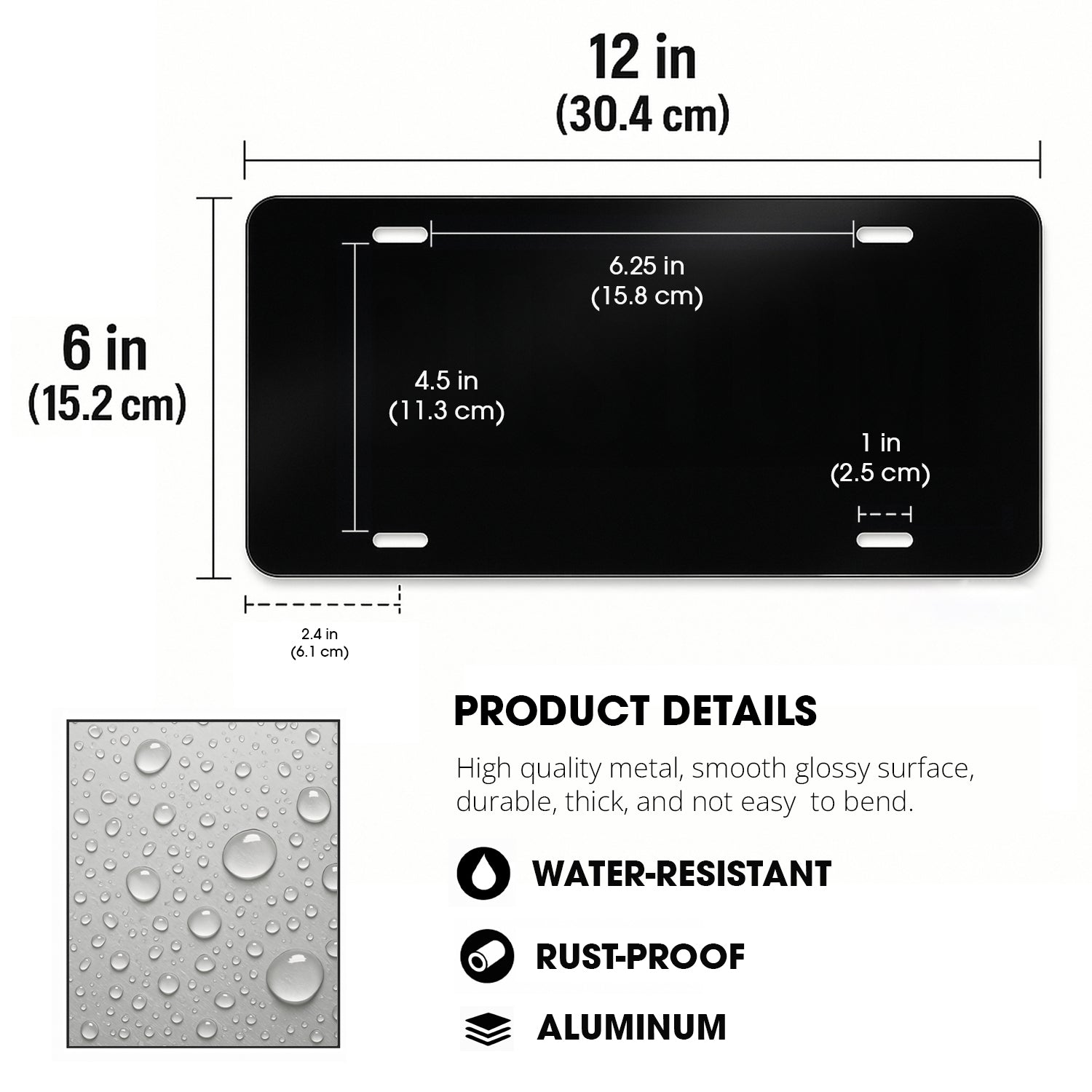 Custom license plate dimensions diagram showing 6 x 12 inch size and mounting holes
