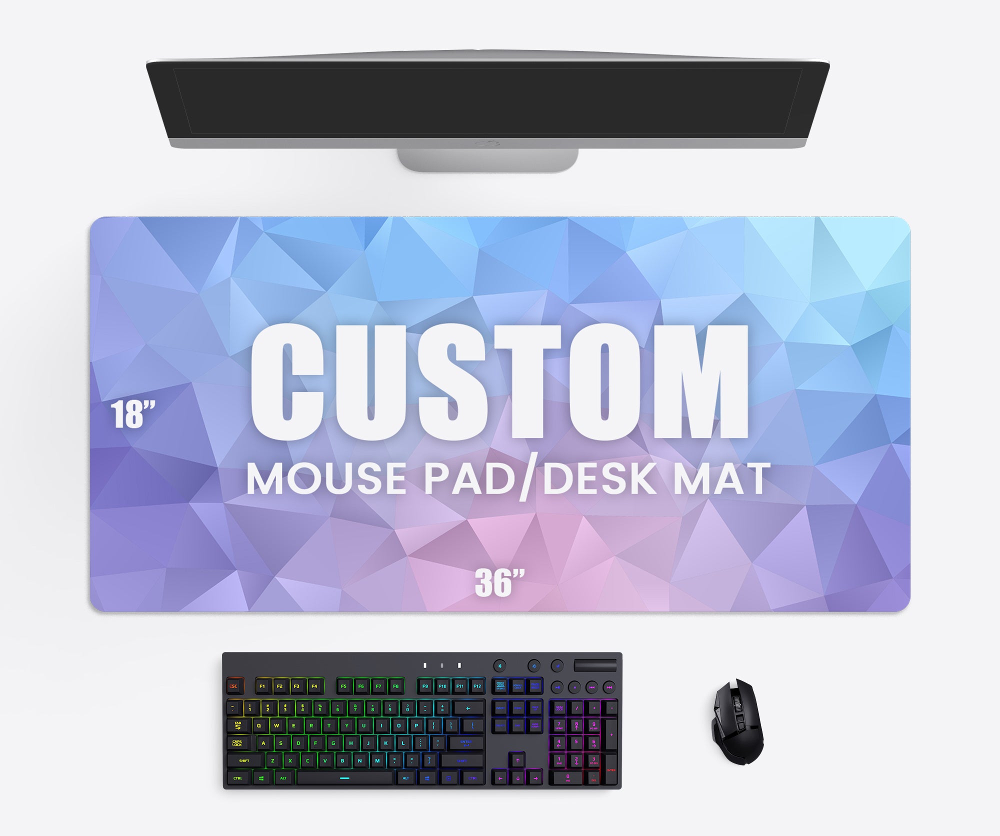 Custom 18x36 inch XXL extended desk mat in a gaming setup
